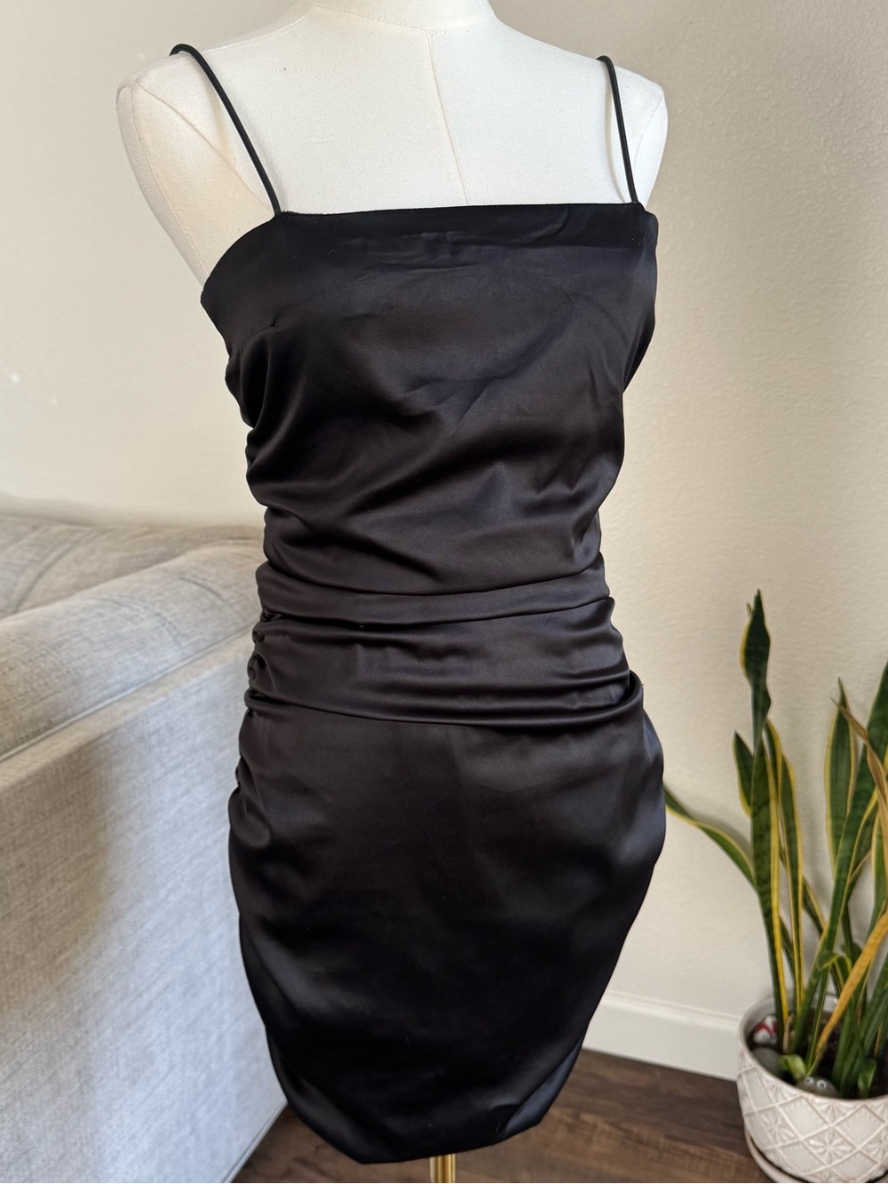 Black Satin Ruched Bodycon Mini Dress Small Spaghetti Strap Party Cocktail Club